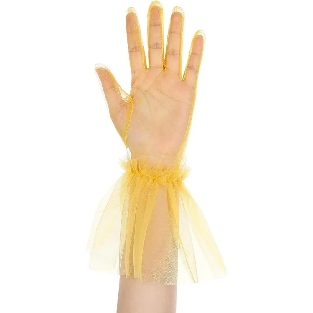 Women's Puffy Ruffle Yellow Tulle Sheer Mesh Party Prom One Size Short Gloves